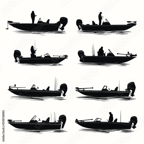 bass boat silhouette set, Black & White silhouette set 