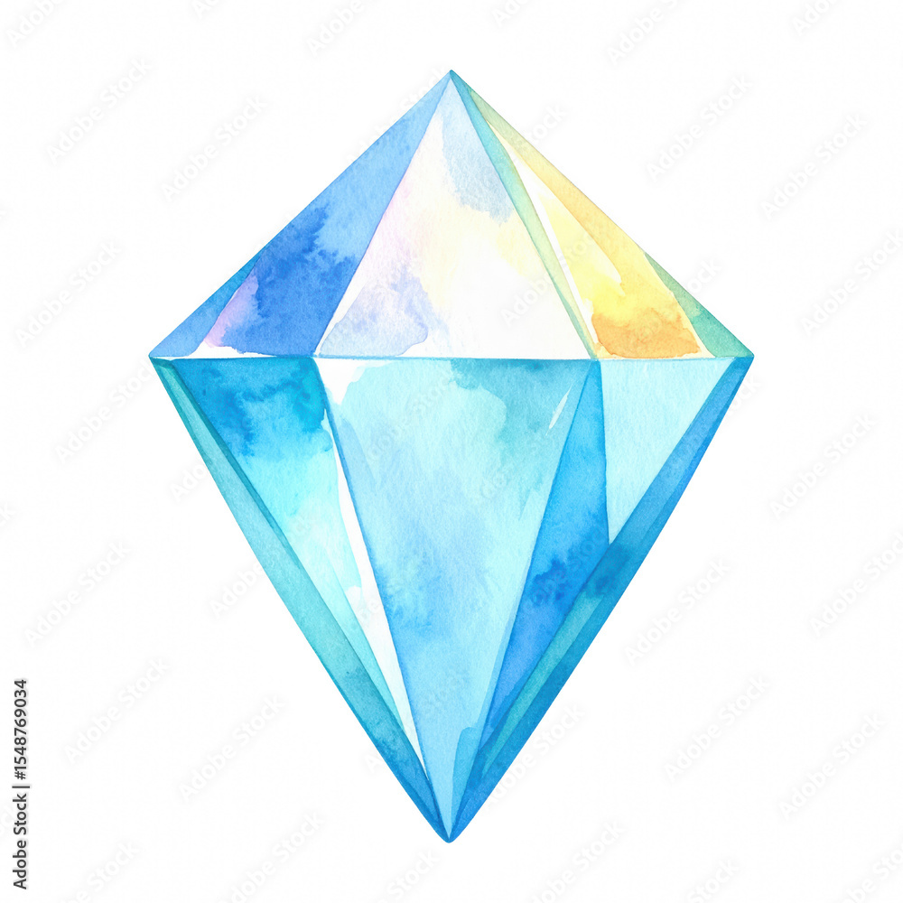 A watercolor illustration of a geometric diamond shape with light reflections and shades of blue. cut out. transparent background A watercolor illustration of a geometric diamond shape with light reflections and shades of blue. cut out. transparent background