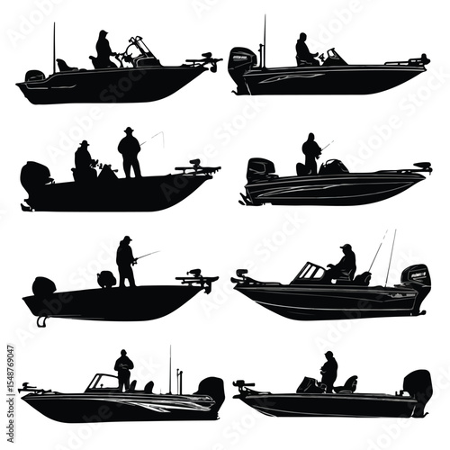 bass boat silhouette set, Black & White silhouette set 
