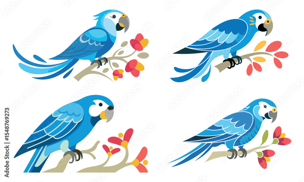 Fototapeta premium Blue parrot illustrations with tropical birds sitting on branches in colorful vector design 