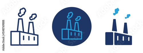 Set of colored pixel perfect Factory smoke icon, 1 silhouette, 1 unexpanded, Factory building emitting smoke icon for industrial pollution.