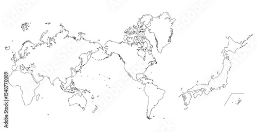 日本地図と世界地図のシルエットの線画イラスト