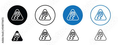 Set of colored pixel perfect Slippery road icon, 1 silhouette, 1 unexpanded, Vehicle with skid lines icon for slippery surface warning.
