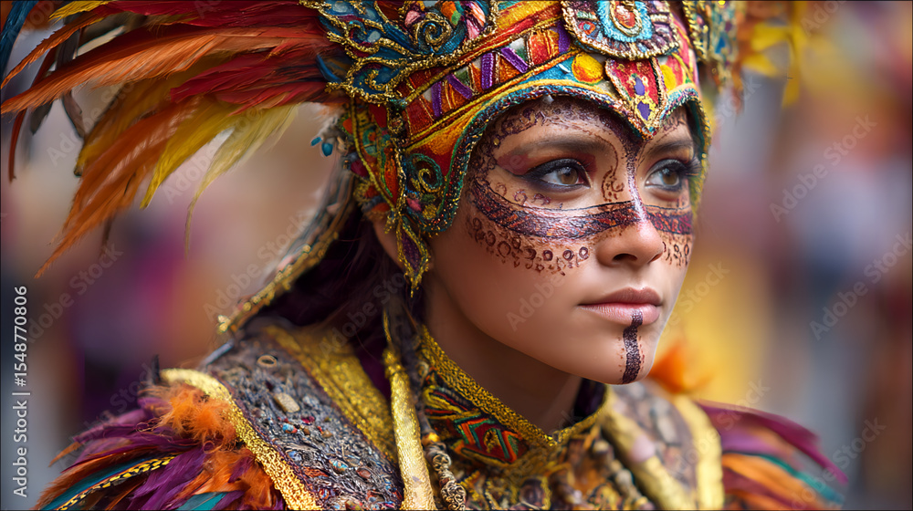 Inti Raymi, close-up of a beautiful dancer with her face decorated with natural paint, wearing a colorful feather crown and traditional robe with gold trim. AI generated images. Inti Raymi, close-up of a beautiful dancer with her face decorated with natural paint, wearing a colorful feather crown and traditional robe with gold trim. AI generated images.