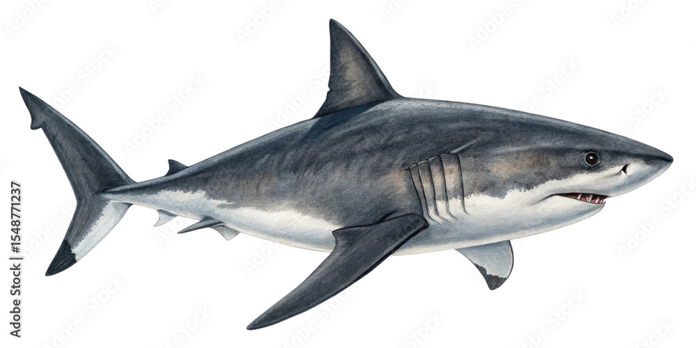 Obraz premium Great White Shark Watercolor Illustration, Isolated on Transparent Background, Marine Life, Aquatic Animal, Predator, Ocean, Wildlife