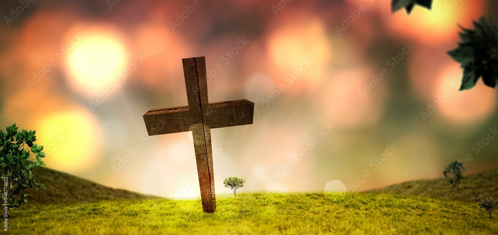 Obraz premium Flat illustration showing wooden cross on grassy hill with saplings, shrubs bathing in sunset bokeh