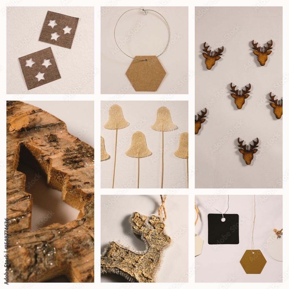 Obraz premium Flat nine-panel collage is showcasing burlap stars, kraft tag, wood deer heads, glitter reindeer