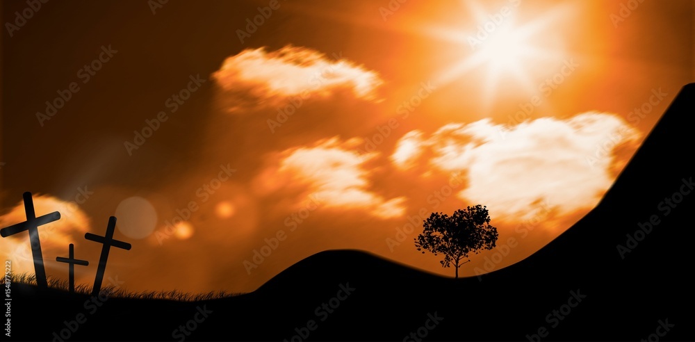 Obraz premium Cross religion symbol shape over sunset sky