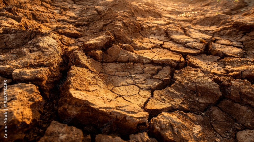 Fototapeta premium Dry cracked earth texture with deep fissures showing geological layers, drought and climate change concept, arid landscape and global warming effects.