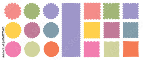 Geometric shapes with scallop and zigzag edges set. Zig zag edge circle, square shape collection. Torn paper, jagged rectangular, circle  shape box element set with zigzag edges.