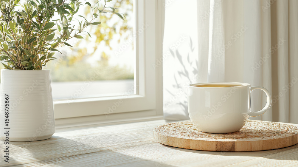 Serene scene featuring white mug of tea beside window, with soft sunlight illuminating space Serene scene featuring white mug of tea beside window, with soft sunlight illuminating space