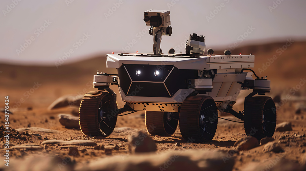 Fototapeta premium Advanced Mars rover explores rocky terrain under a dusty orange sky, showcasing futuristic technology and space exploration.