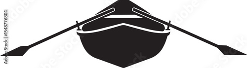 Rowboat with oars in black and white silhouette, nautical adventure representation