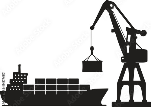silhouettes of cargo ship and port crane vector art illustration