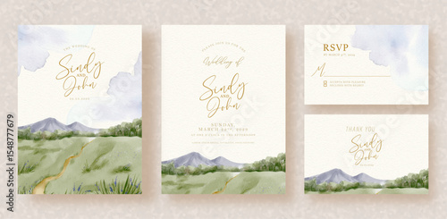 Hand Painting Of Savanna In Mountain Scenery On Wedding Invitation Background