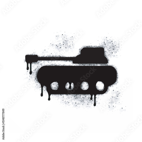 Spray battle tank icon isolated on white background. Graffiti battle tank icon with black spray on white. Vector illustration.