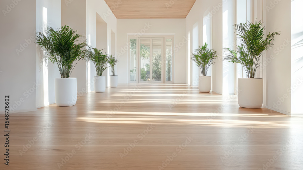 Bright hallway with wooden flooring and potted plants creating serene atmosphere Bright hallway with wooden flooring and potted plants creating serene atmosphere