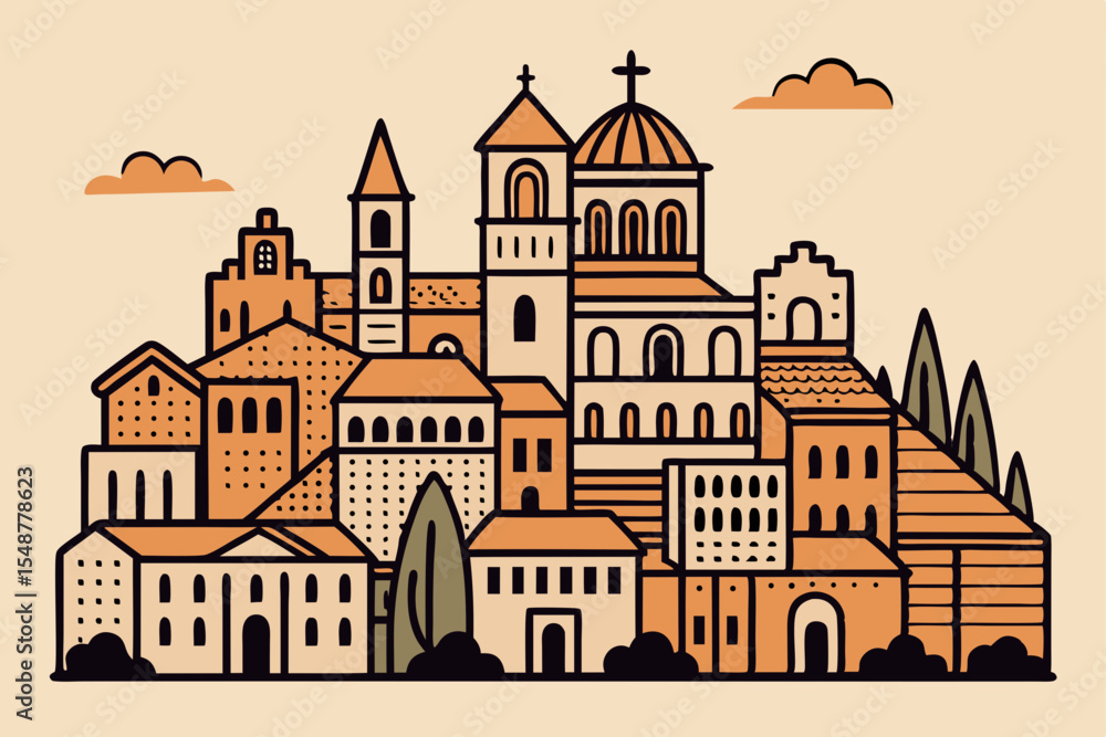 Fototapeta premium Mediterranean Coastal Town A Charming Illustration of Historic Architecture