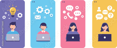Set of customer service concepts with operators using headsets for online technical support, client communication, and problem-solving through a dedicated call center helpdesk