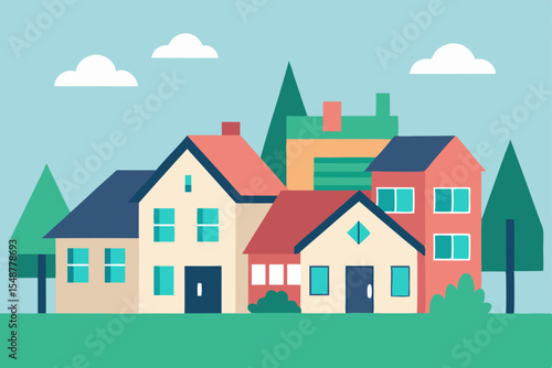 Charming Suburban Neighborhood Colorful Houses and Lush Greenery
