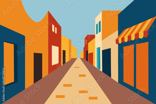 Vibrant cartoon cityscape with urban architecture, office buildings, and a busy street leading to the horizon under a twilight sky