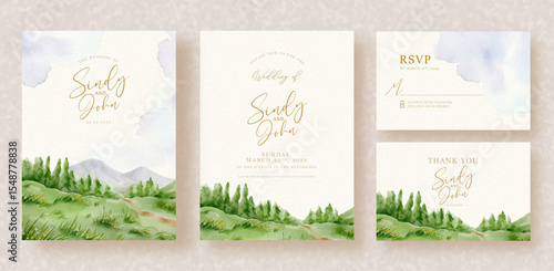 Hand Painting Of Pine Forest And Savanna Hills On Wedding Invitation Background