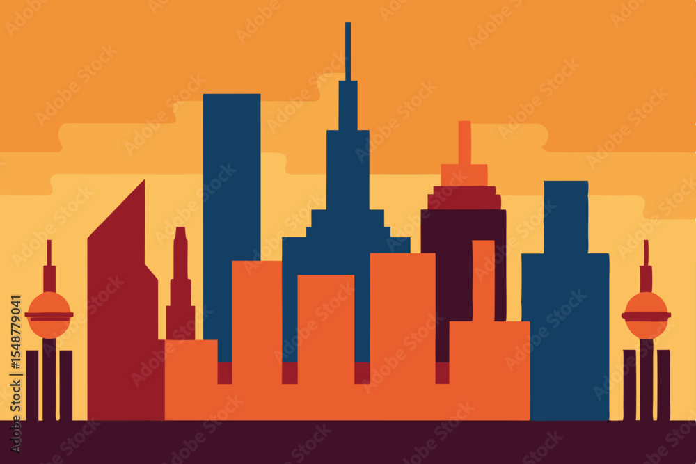 Obraz premium Sunset Cityscape A Modern Metropolis Silhouette Illustration