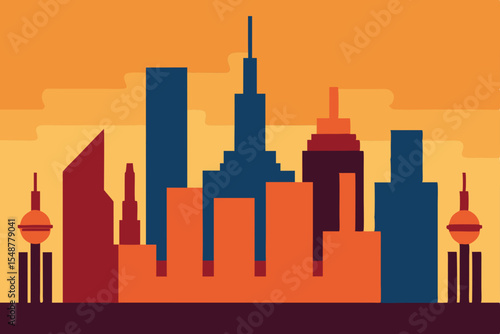 Sunset Cityscape A Modern Metropolis Silhouette Illustration