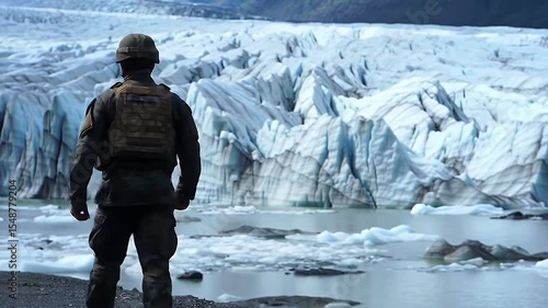 Soldier in Dark Uniform Approaches Glacier Landscape with Ice Formations Water Pools and Dramatic Light