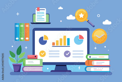 Colorful digital workspace with charts, graphs, books, and a plant illustrating modern productivity tools