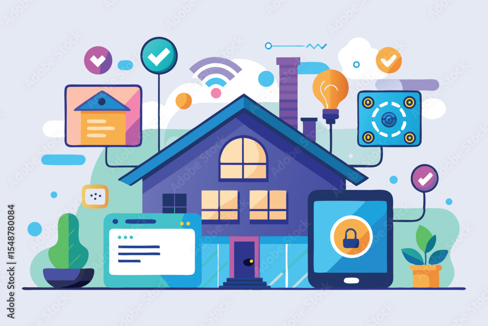 Smart home concept with interconnected devices for home automation and security in a modern digital setting Smart home concept with interconnected devices for home automation and security in a modern digital setting