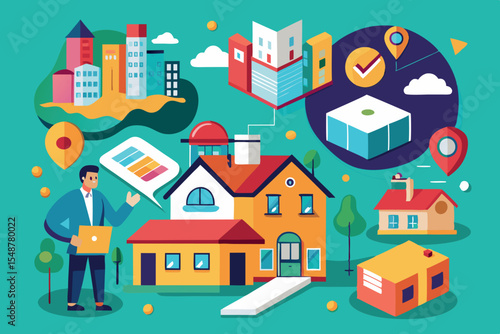 Digital urban planning visualizes smart city solutions with 3D models and interactive technology in a vibrant landscape