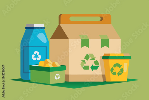 Recycling bins and containers displaying eco-friendly materials for waste management and sustainability efforts