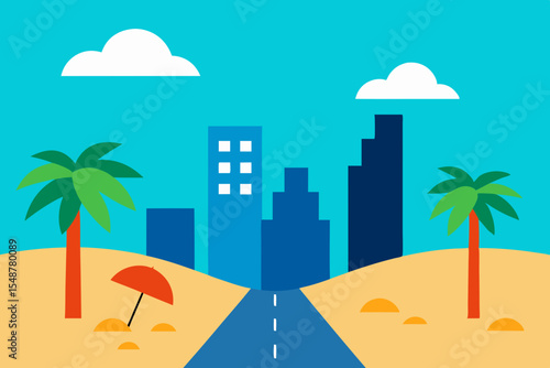 Tropical island beach with palm trees, sun, and clear ocean water illustration