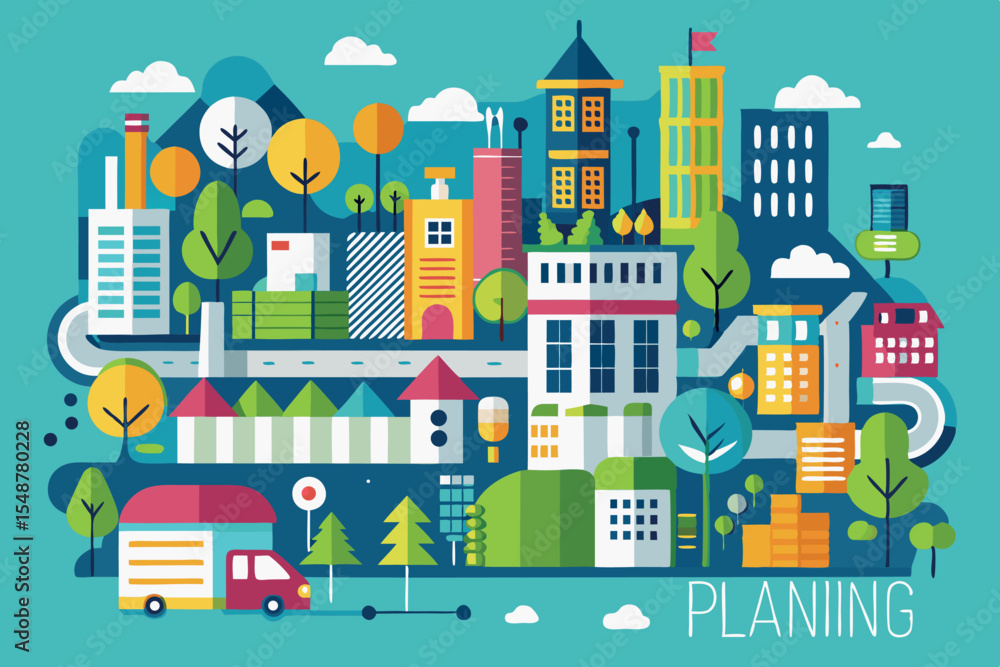 Obraz premium Colorful urban landscape illustration showcasing buildings, trees, and vehicles in a lively city environment during daylight