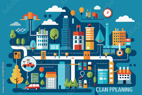 Urban landscape illustration depicting city planning with buildings, parks, and transportation elements in a vibrant style