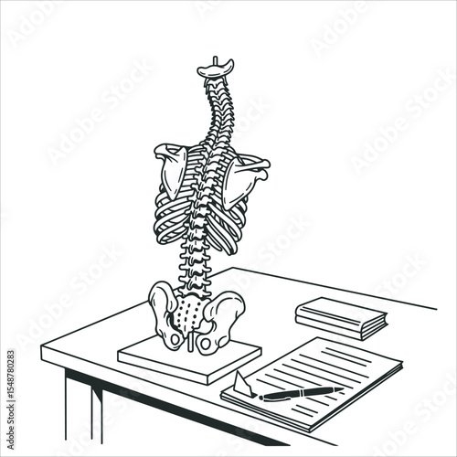 Spine Model on a Desk with Medical Documents Minimalist Editable Vector