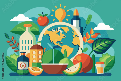 Colorful global food collage representing sustainability and nature in a vibrant and harmonious composition