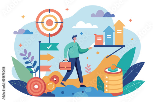 Business professional walking towards growth targets with charts and goals displayed in an abstract environment