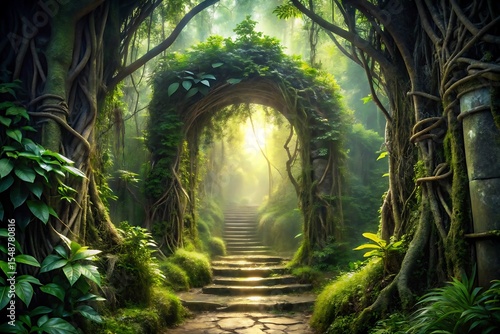 Fototapeta Naklejka Na Ścianę i Meble -  Stone steps ascend through a mystical jungle archway, bathed in sunlight filtering through lush green foliage.