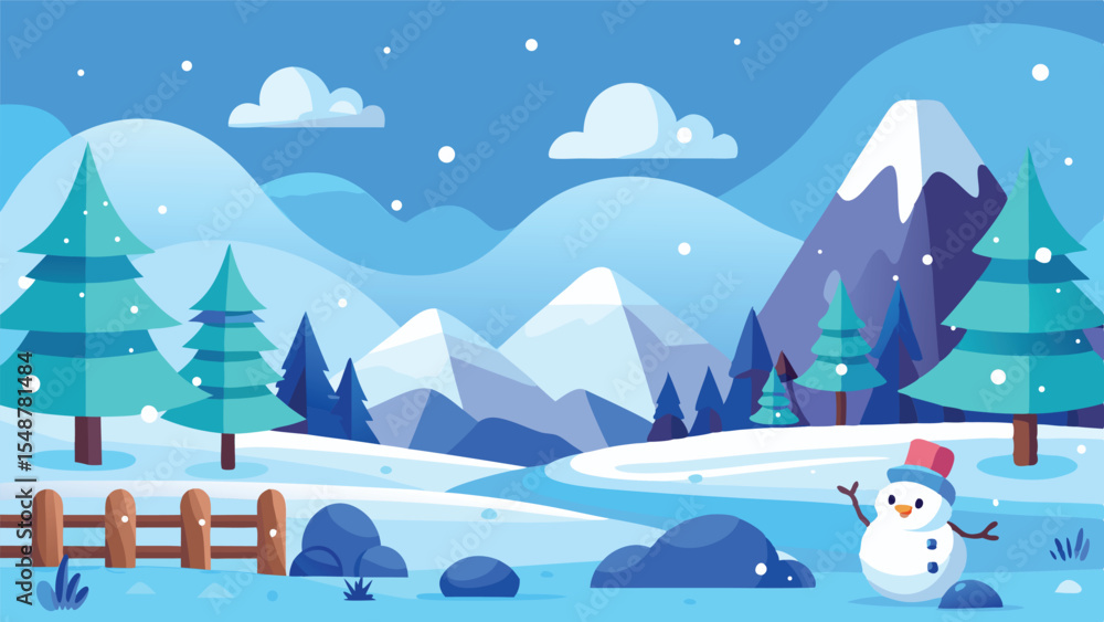 Cute Cartoon Snowy Winter Landscape for Kids. Vector Illustration of a Snow Scene with Trees and Mountains. Children's Christmas Holiday Background Cute Cartoon Snowy Winter Landscape for Kids. Vector Illustration of a Snow Scene with Trees and Mountains. Children's Christmas Holiday Background