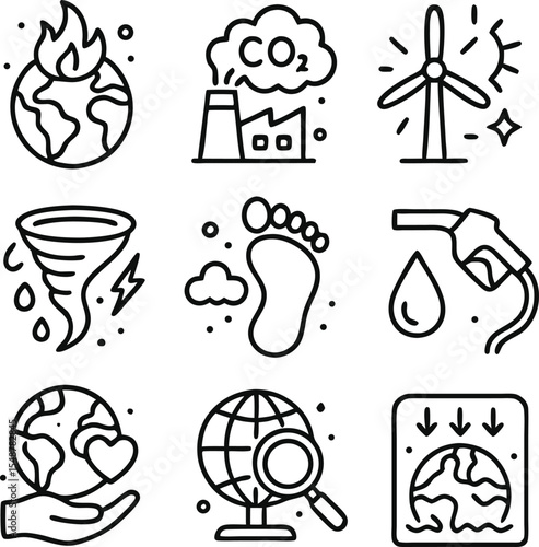 Nine line art icons depicting environmental issues and solutions.