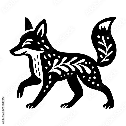 Rustic style figurine with a fox. Ethnic sticker. Bohemian animal silhouettes and floral patterns on Scandinavian style textiles. Handmade relief image of a fox in the style of linocut.
