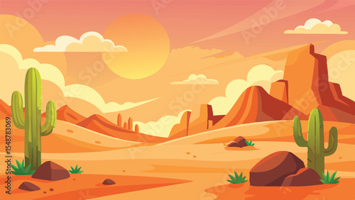 Cute Cartoon Desert Landscape for Kids. Vector Illustration of an Arid Scene with Cactus, Sand Dunes, and Sun. Children's Adventure Wallpaper
