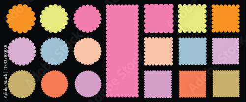 Geometric shapes with scallop and zigzag edges set. Zig zag edge circle, square shape collection.	
