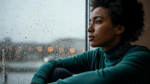 Person looking out a window on a rainy day