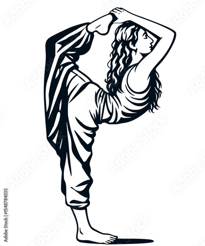 Artistic illustration of a woman in a yoga pose. Symbolizes balance, flexibility, and wellness.