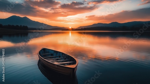 Sunset over tranquil lake with lone boat drifting peacefully in the water