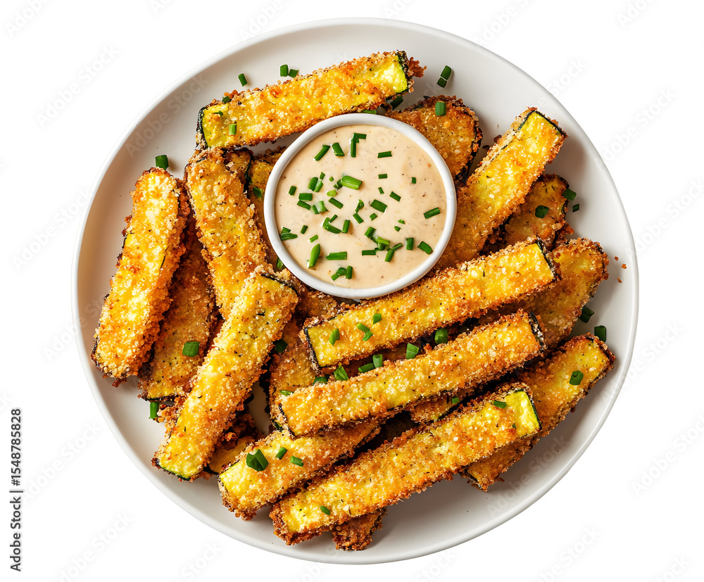 Golden crispy zucchini fries with creamy dipping sauce, a flavorful appetizer Golden crispy zucchini fries with creamy dipping sauce, a flavorful appetizer