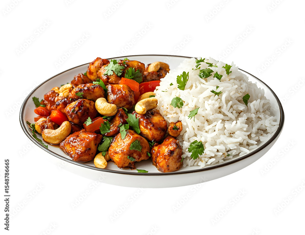 Delicious cashew chicken with fluffy rice on a plate against a black background Delicious cashew chicken with fluffy rice on a plate against a black background